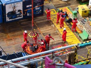 Workers are lifted by the crane to the offshore platform