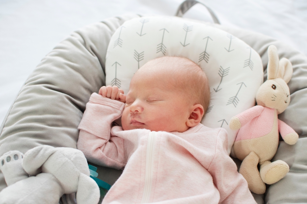 closeup of a caucasian newborn sleeping in a baby lounger with stuffed animals