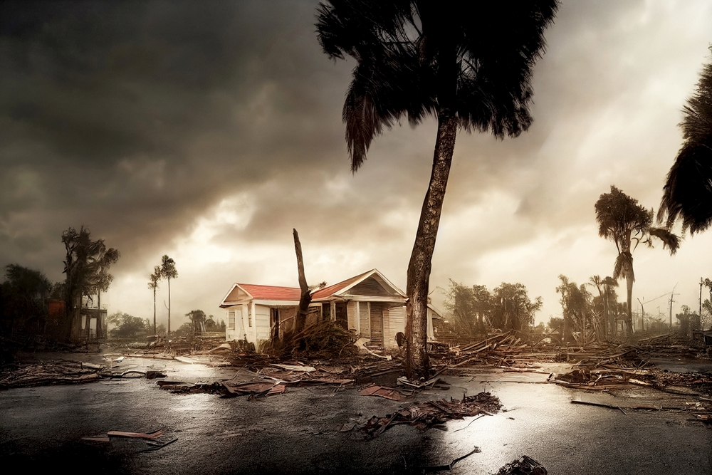 a solitary house damaged by hurricane with dark clouds and downed trees and debris